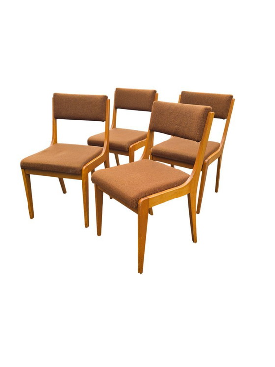 Set di 4 sedie a slitta vintage in legno chiaro e tessuto marrone - anni '60 – Sedie da pranzo, Textile, Wood (photo 3 of 5)