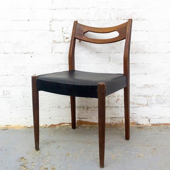 Image 1 of Teakhouten en zwart lederen stoelen, jaren 1950, set van 6