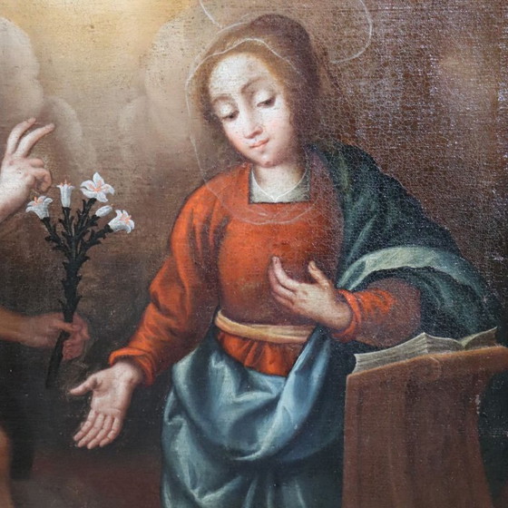 Image 1 of La Anunciación, Italia, siglo XVII, pintura al óleo antigua sobre lienzo.