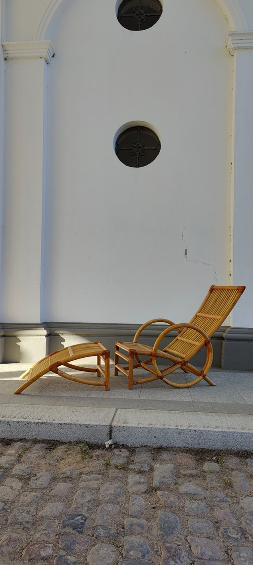 Ensemble chaise longue et pouf en rotin, années 1980