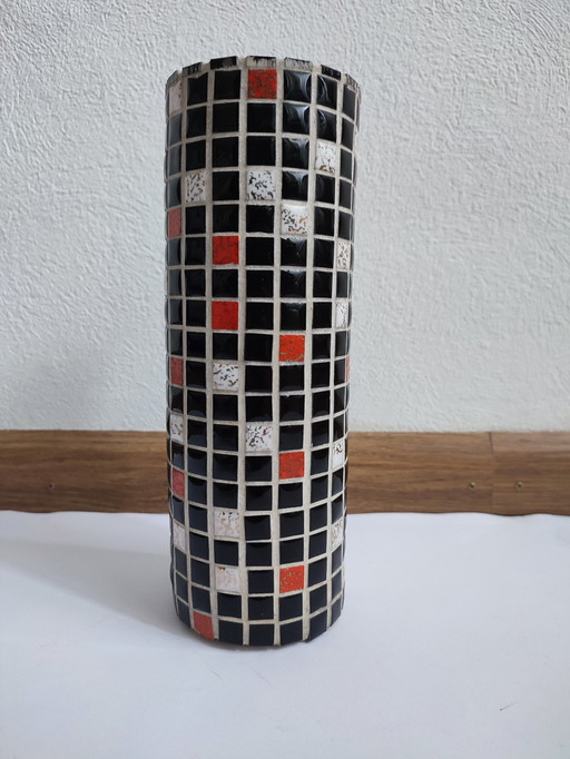 Vase Mosaïque Vintage '70 Noir Blanc Rouge Carreaux Jointés