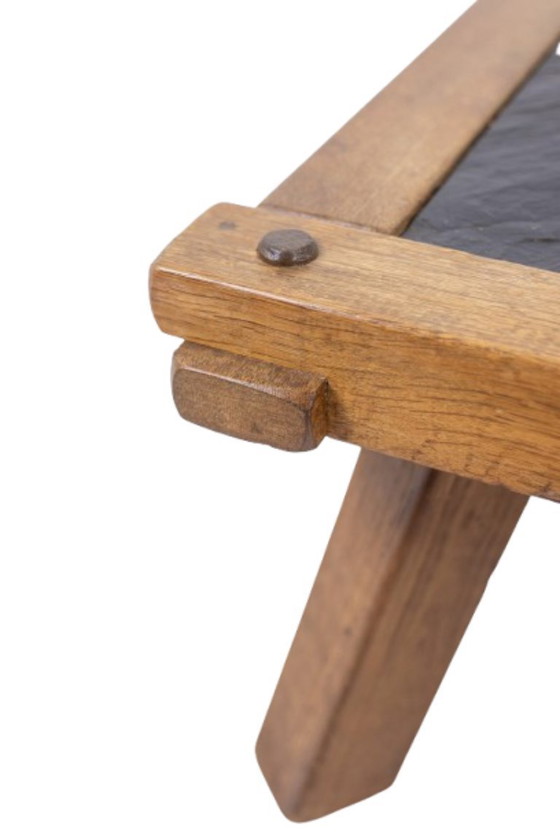 Image 1 of Brutalistisches Couchtischpaar aus Eiche und Schiefer.  Circa 1960.