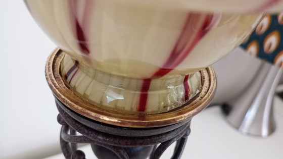 Image 1 of Lampe de table vintage italienne - style Art Déco - abat-jour en verre soufflé à la bouche