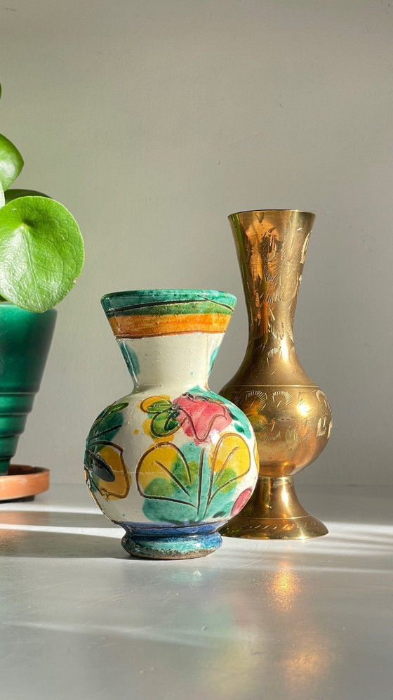 Image 1 of Vintage Handcrafted Ceramic and Brass Vases