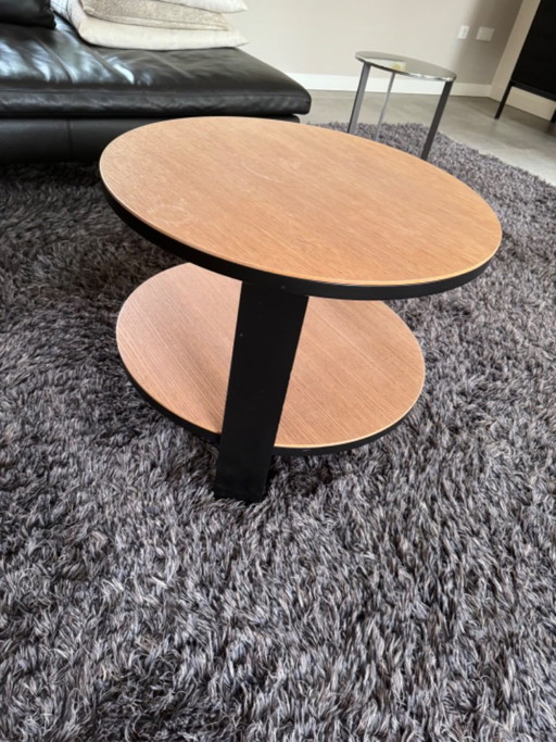 Round Coffee Table with Lower Shelf – Wood/Black – Ø 60 × 46 Cm – salontafels, Metal