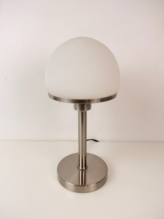 Bauhaus-Stil Tischlampe, geometrisches Design, Art Deco, Tischlampen, Aluminium, Glas, Silber (Foto 9 von 9)