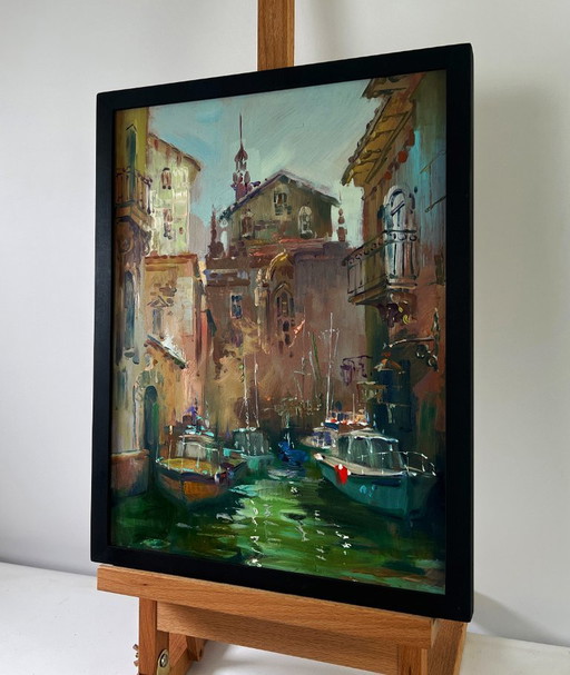 Original Oil Painting Coastal Houses Landscape The narrow streets of the city