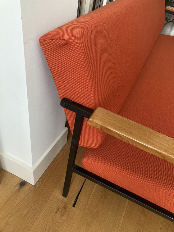 Design 3-Seater Sofa - Orange Upholstery - Black Metal Frame - Wooden Armrests – 3-5 seaters, Textile (photo 3 of 15)