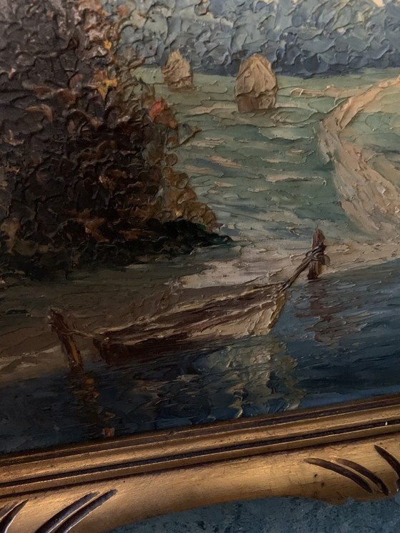 Old French School Oil Painting – River Landscape – Signed – Art Deco Frame 60 x 51 cm – Paintings & Drawings (photo 3 of 14)