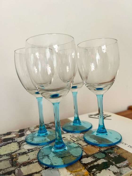 Image 1 of 4x vintage wijnglazen turquoise / lichtblauwe steel
