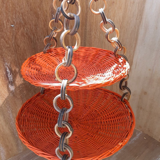 Image 1 of Lampadario a sospensione in rattan con doppia ciotola di design vintage H80D46, anni &#39;70
