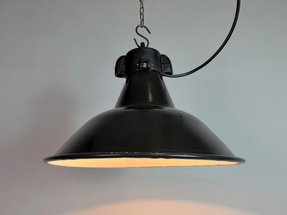 Image 1 of Set of 4 Industrial Black Enamel Factory Lamps with Cast Iron Top, 1950s
