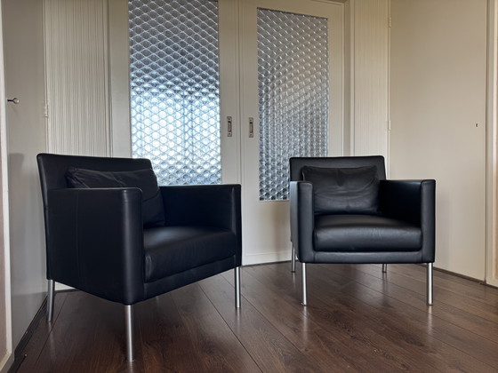 Image 1 of  Modernist German Black Leather and Steel Lounge Chairs from Walter Knoll / Wilhelm Knoll, 2000s, Set of 2