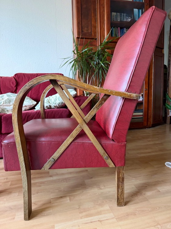 Red armchair with wooden armrests, Textile, Vintage (photo 3 of 5)