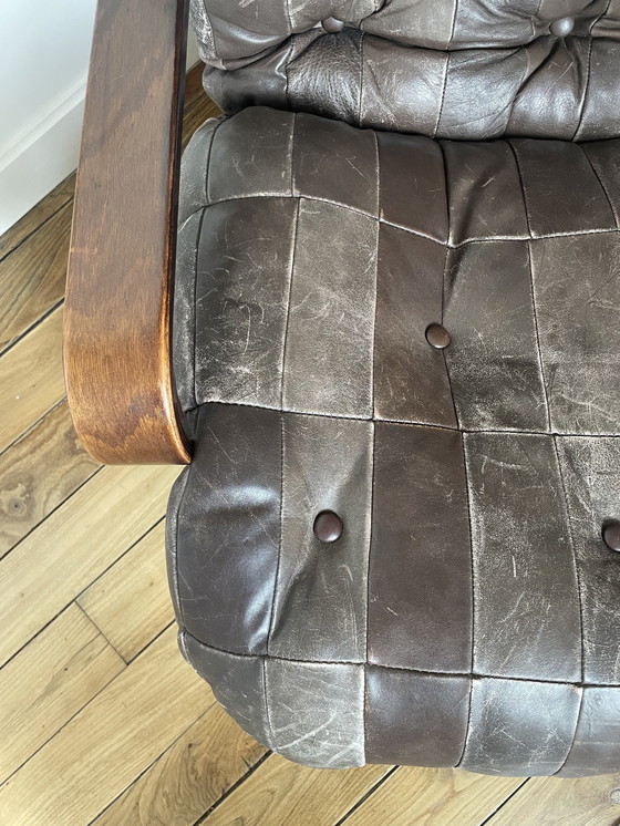 Image 1 of Fauteuil Scandinave 1970 Bois Laminé Courbé Assise en Cuir