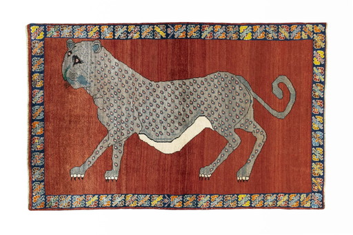 Tappeto nomade Gabbeh annodato a mano - 208 x 133 cm - motivo leopardo su rosso