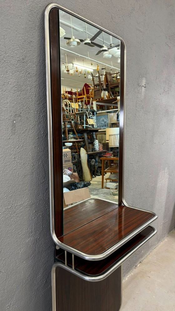 Image 1 of Mid-Century Modern Chrome & Rosewood Wall Console with Mirror, 1970s, Italian