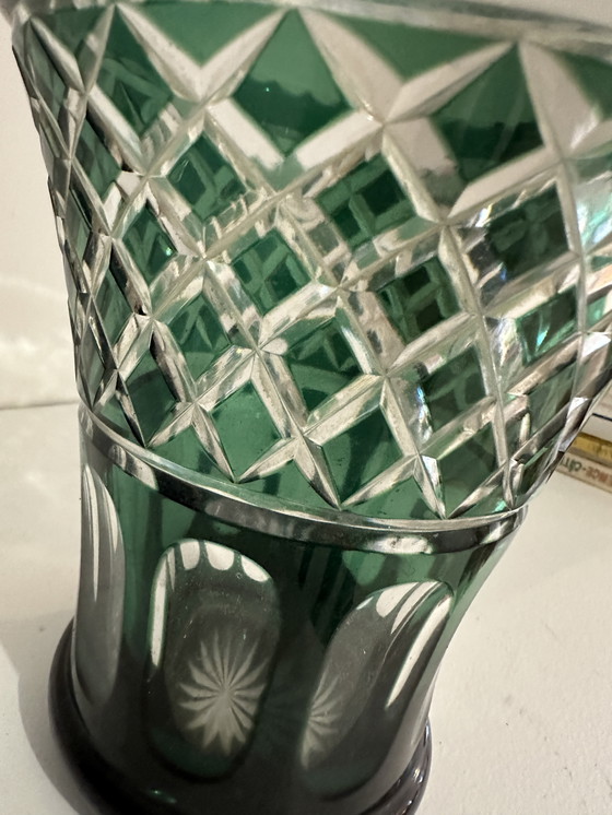 Image 1 of Dark Green Cut Crystal Vase Val Saint Lambert