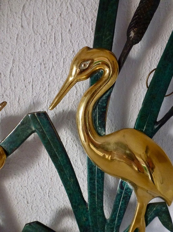 Image 1 of Decorazione murale vintage in ottone con due gru tra le canne.