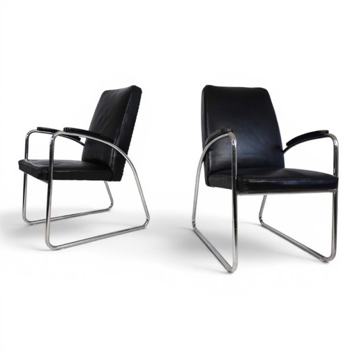 Set van 2 Bauhaus Streamline leren fauteuils met buisvormig stalen frame, 1930