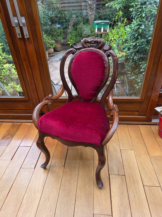 Due sedie antiche con rivestimento rosso, Sedie da camera, Legno, Tessile, Klassiek (foto 7 di 9)