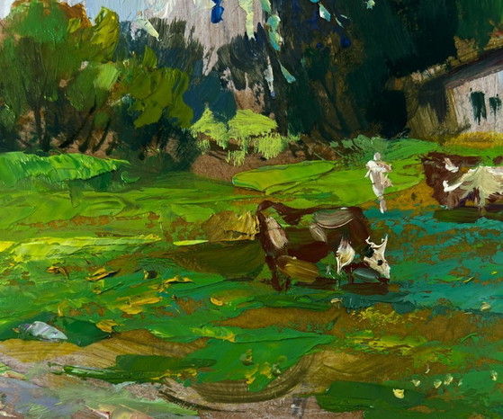 Image 1 of Original Oil Painting Summer Village Landscape Castle overlooking the endless steppe