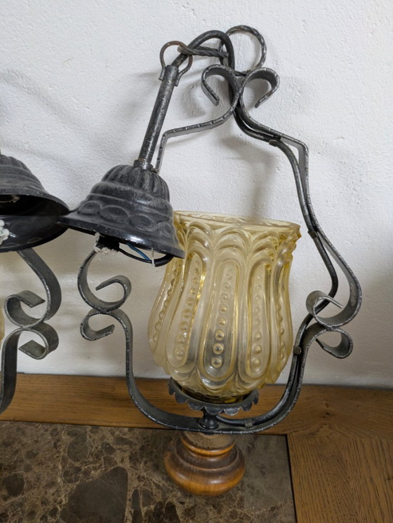 Lampada a sospensione in metallo e vetro ambrato, Lampade a sospensione, Grigio, Vintage (foto 5 di 5)