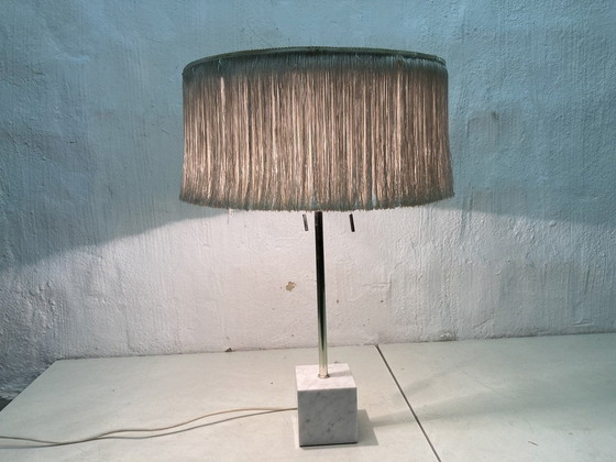 Image 1 of Large Mid - Century Lamp 60s Design With Fringed Shade And Marble Base