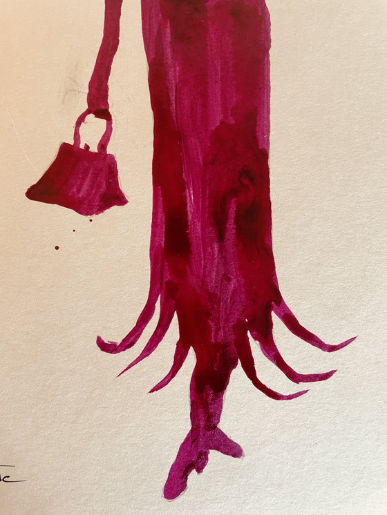 Image 1 of Tableau Signé Encre Gravure Mode Portrait Féminin " Paarse jurk " (gesigneerd)