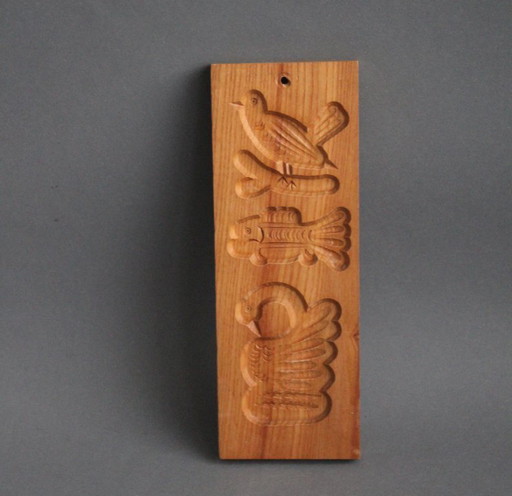 Stampo vintage in legno per Springerle, con design a 3 strisce: uccello, pesce e cigno.