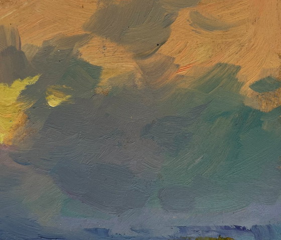 Image 1 of Original Oil Painting Sunset Lake Landscape The sun says goodbye to the horizon