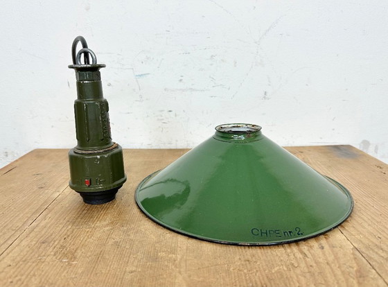 Image 1 of Industrial Green Enamel Military Pendant Lamp with Cast Aluminium Top, 1960s