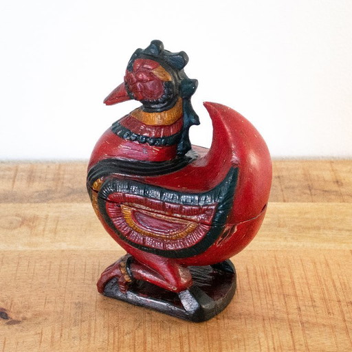 Statuetta vintage in legno raffigurante un drago/gallo, in una scatola unica, arte popolare asiatica.