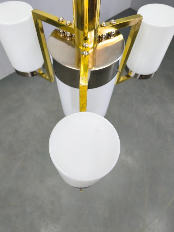Image 1 of Tschechoslowakischer Art-Deco-Kronleuchter aus Messing und Chrom mit Opalglas, 1930er Jahre