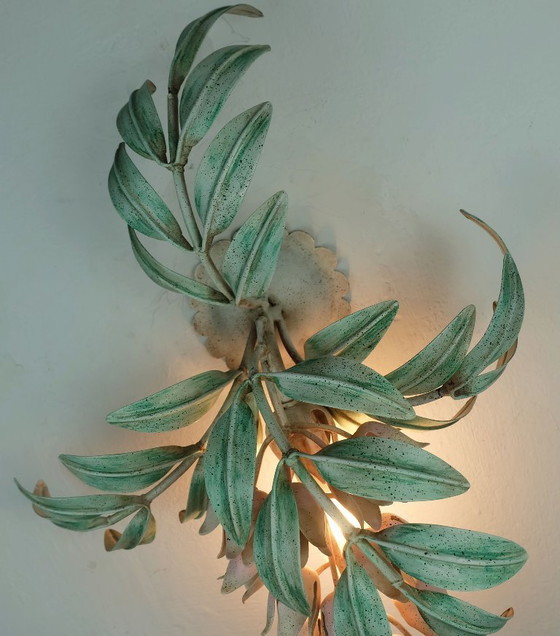 Image 1 of vintage florentine wisteria WALL LAMP metal floral hollywood regency style italy 1970s 80s