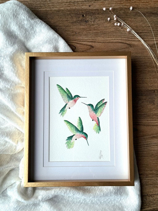 Aquarel schilderij Kolibries Groen met Roze | Met lijst I