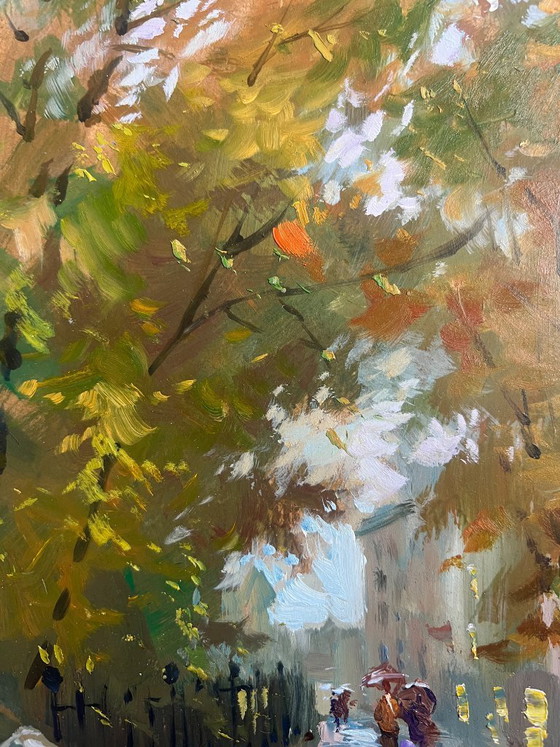 Image 1 of Peinture à l'huile originale, paysage urbain d'automne. Promenade dans un parc urbain en automne.