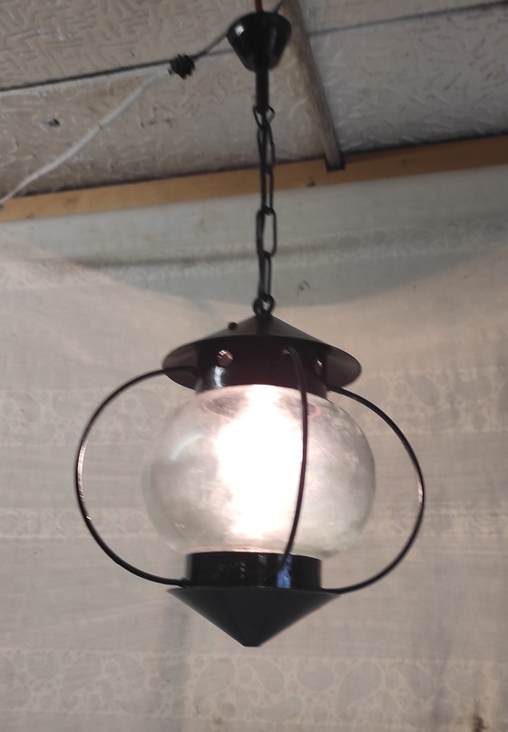 Image 1 of Lantern-style pendant light in metal and glass - 1950s