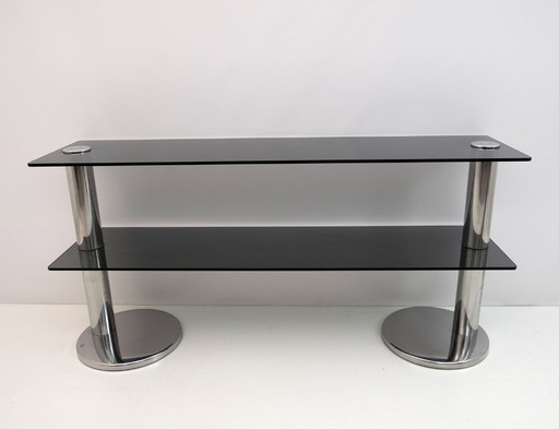 Console italienne moderne du milieu du siècle en acier chromé et verre fumé, 1970