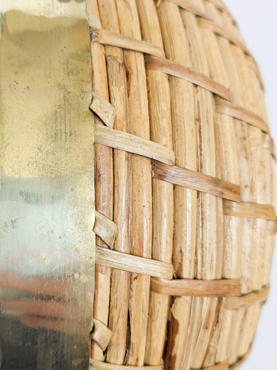 Image 1 of Vintage Rattan Brass Bowl Gabriella Crespi Style 1970s Handwoven Fruit Basket