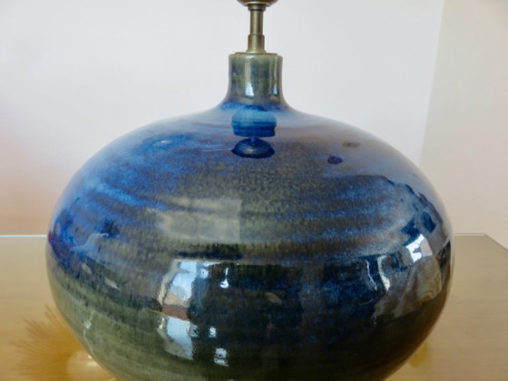 Image 1 of Impressive lamp in iridescent blue ceramic with green gradients, France, circa 1960
