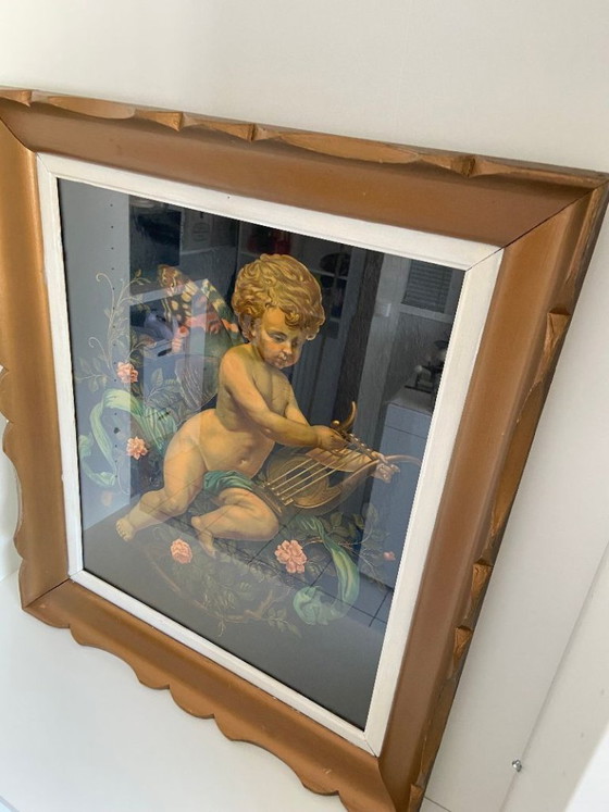 Image 1 of Estampe Lithographie Polychrome Avec Réhaut Doré Putto Chérubin Ange Papillon