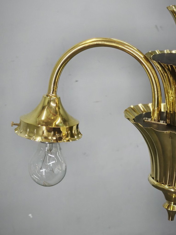 1930s Czechoslovak Art Deco Brass And Opaline Glass Chandelier (photo 2 of 14)