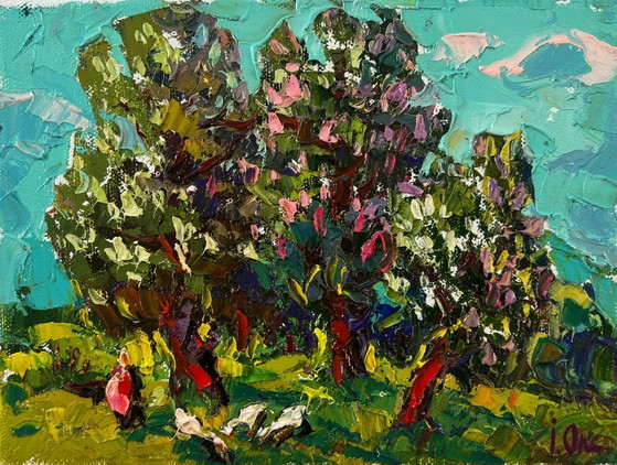 Image 1 of Original Oil Painting Spring Nature Landscape Flowering Chestnut Trees