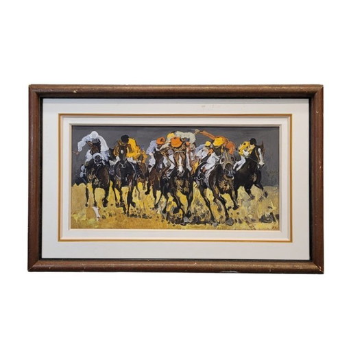 Gouache sobre papel “Carrera de caballos”, Escuela Francesa, 50’s - Francia