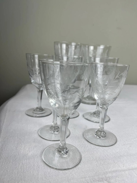 Set antiker gravierter Gläser – Gläser & Karaffe, Crystal, Glass (photo 6 of 9)