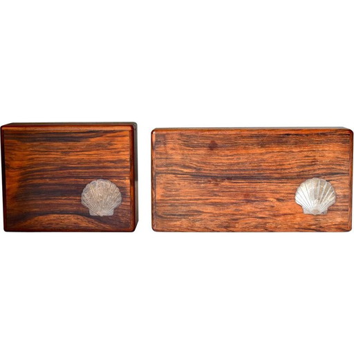 Paar vintage moderne houten kistjes met sterling inleg, Denemarken 1960