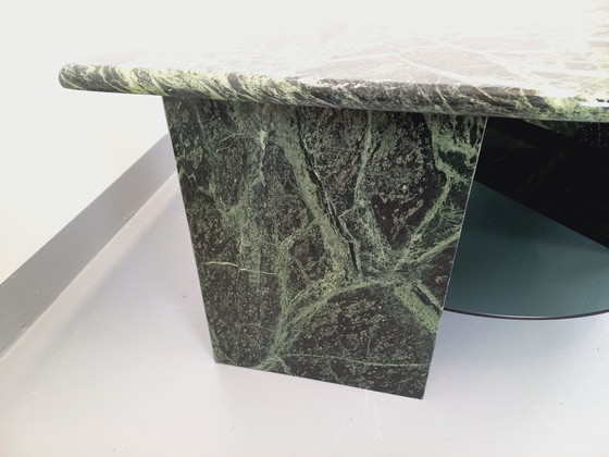 Image 1 of Vintage Square Coffee Table with 2 Tops in Green Marble and Smoked Glass from the 70s