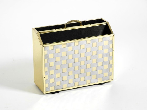 Image 1 of Extraordinary 1980s newspaper rack made of brass and wood in Hollywood Regency design