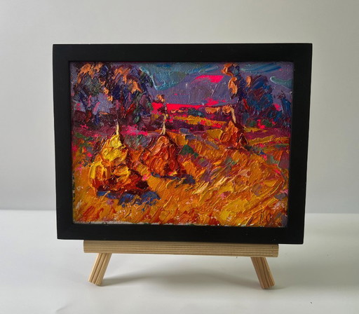 Original Oil Painting Autumn Nature Landscape Sunset Over The Field